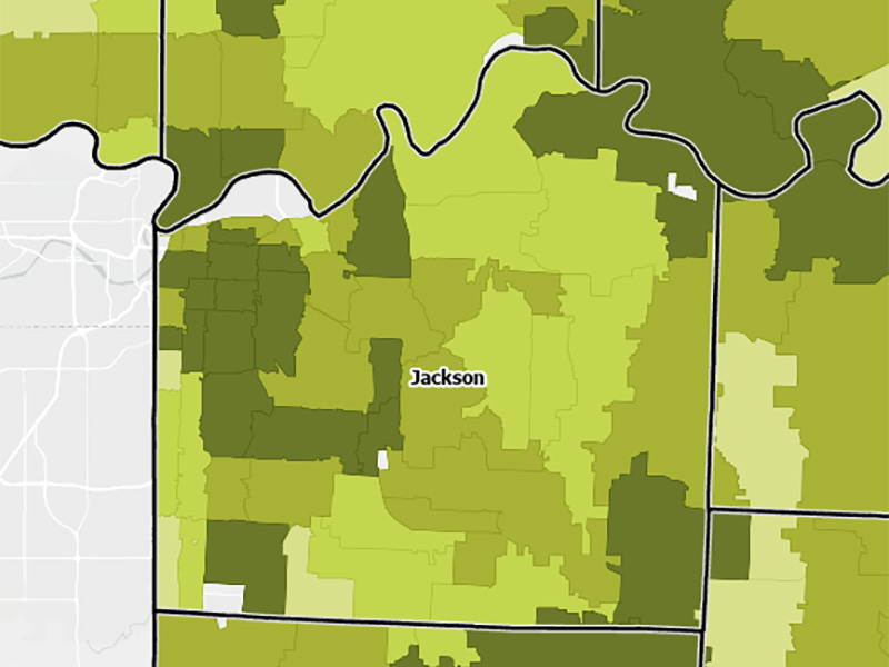 Map Room diabetes prevelance ZHR 2024 layer focused on Jackson County, MO